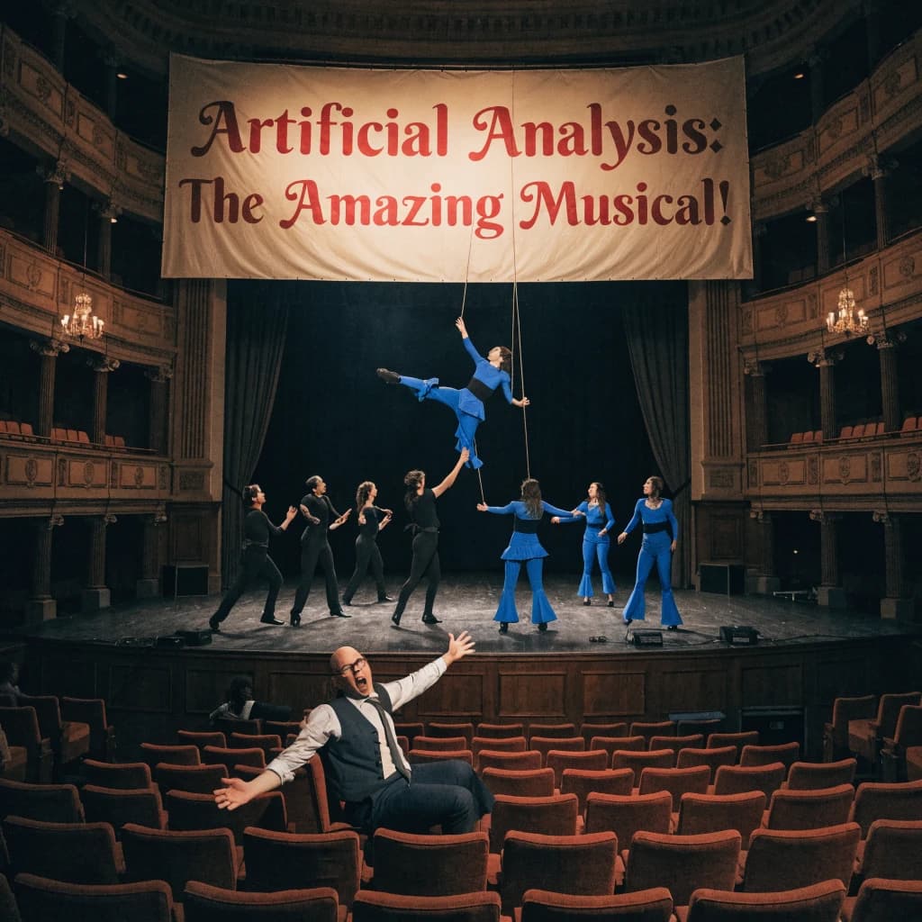 The musical troupe do a rehearsal in a large, empty theatre. 9 people are on the stage, half wear black and the others wear blue. The skinny bald director, seated in the second row, is practically leaping out of their seat with excitement as the leads nail their aerial. A giant banner reading "Artificial Analysis: The Amazing Musical!" is behind the actors.