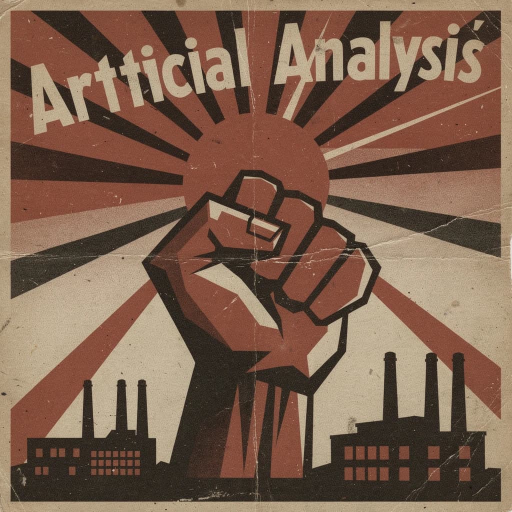 A propaganda poster in stark red, black, and beige. A clenched fist rises in the foreground, rendered with sharp geometric blocks. Behind it, radiating lines stretch upward toward a stylized sun. At the top, bold sans-serif lettering in Cyrillic-inspired type spells out Artificial Analysis, tilted at an angle for emphasis. A factory skyline silhouettes the bottom edge, smoke stacks rising into the background. The texture is rough, printed on aged paper with visible creases and ink bleed. Designed in the constructivist Soviet poster style.