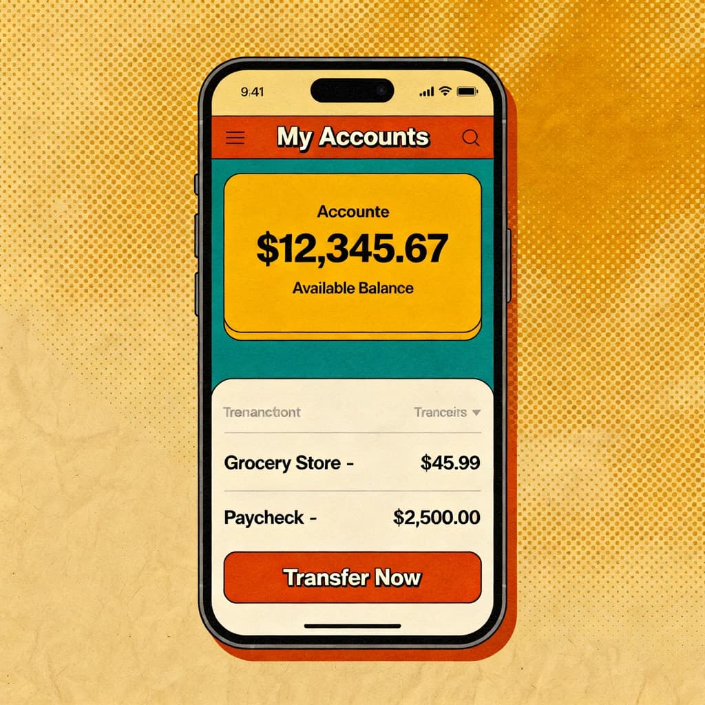 Make mobile finance app screens with mid-century palette, halftone, paper grain.