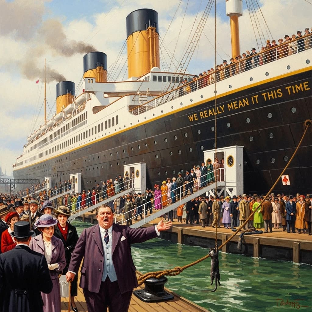 An impressionistic painting of the mighty steamer the "SS Unsinkable We Really Mean It This Time" on a cloudy but bright London morning about to set out on her maiden voyage. A jubilant crowd is gathered on the dock around the paunchy mayor who is making a speech, gesticulating wildly with his hands. The gangways are busy with well heeled ladies and gentlemen making their way onto the ship. A cheeky cat hangs over the water, clinging to the mooring rope after an ill-fated attempt to climb up. The artist has signed his name "Artificial Analysis" in the bottom corner