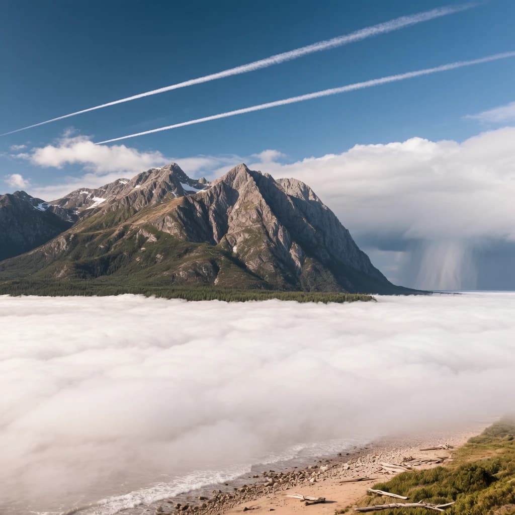 A stunning mountain vista pokes through the cloud top. Contrails from a distant airplane linger in the air. In the foreground there is a stony beach with foamy seas. A thunder storm is visibile in the distant right.
