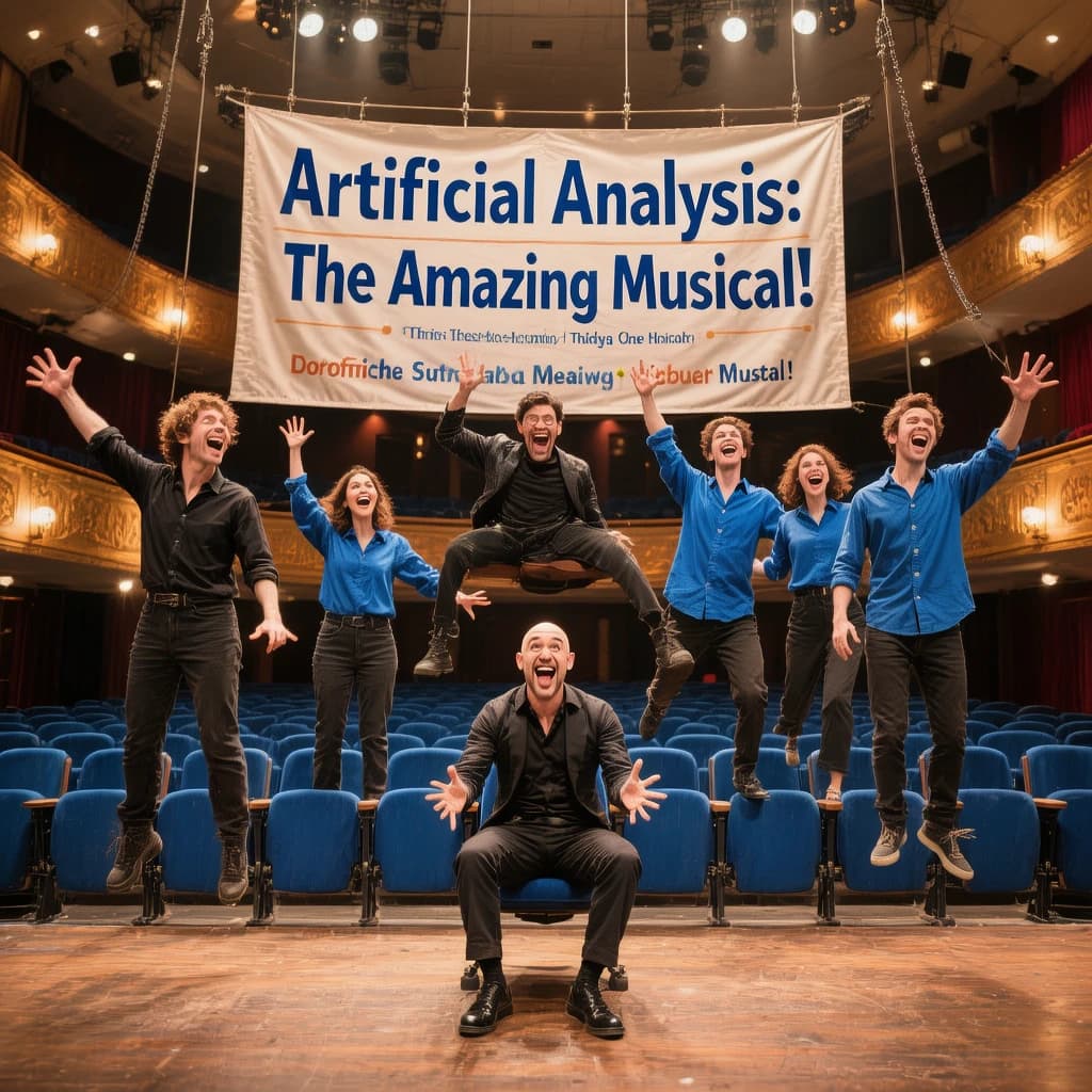 The musical troupe do a rehearsal in a large, empty theatre. 9 people are on the stage, half wear black and the others wear blue. The skinny bald director, seated in the second row, is practically leaping out of their seat with excitement as the leads nail their aerial. A giant banner reading "Artificial Analysis: The Amazing Musical!" is behind the actors.