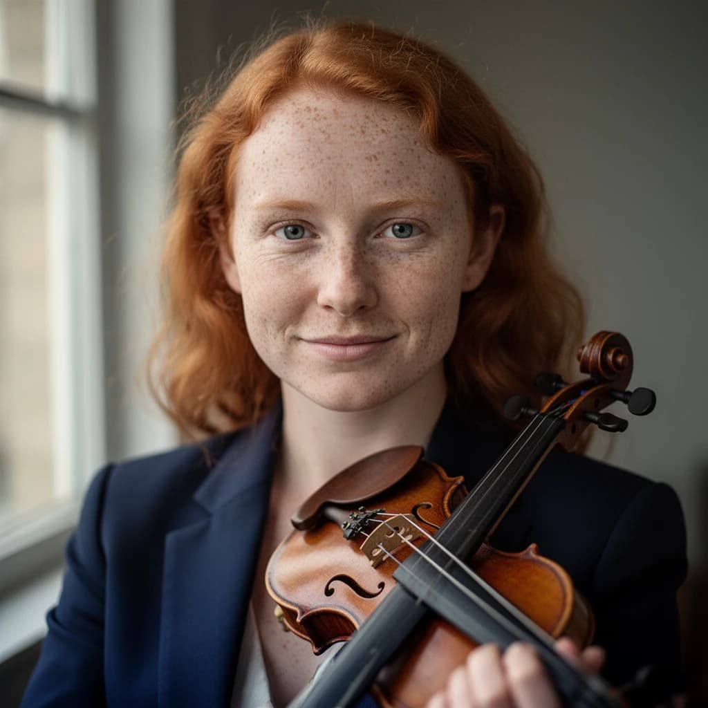 Capture a head-and-shoulders portrait of a freckled red-haired violinist in a navy blazer, soft window light, 85mm at f/1.8, gently smiling yet serious eyes, muted tones.