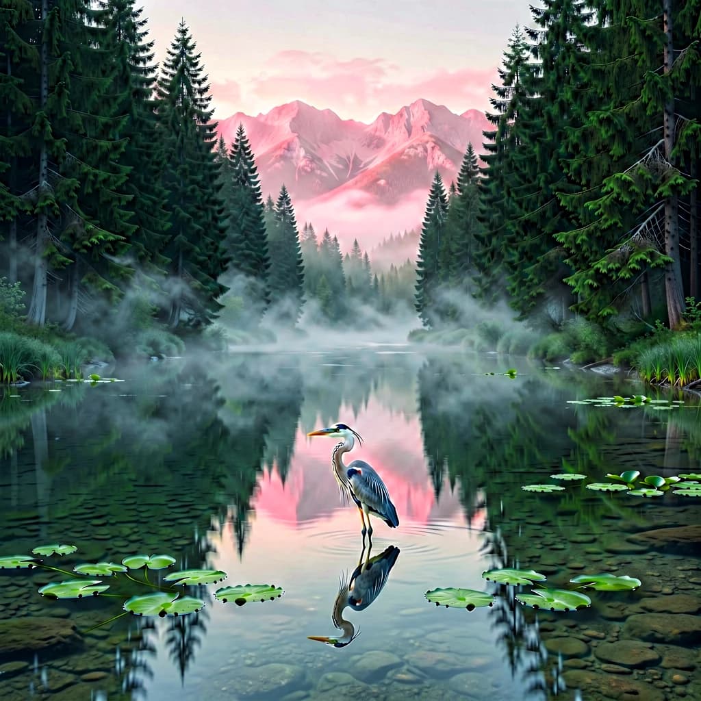 With pre-dawn mist along a cedar forest river and glassy water dotted with lily pads, distant mountains blush pink, and a heron stands still like it forgot what to do next.