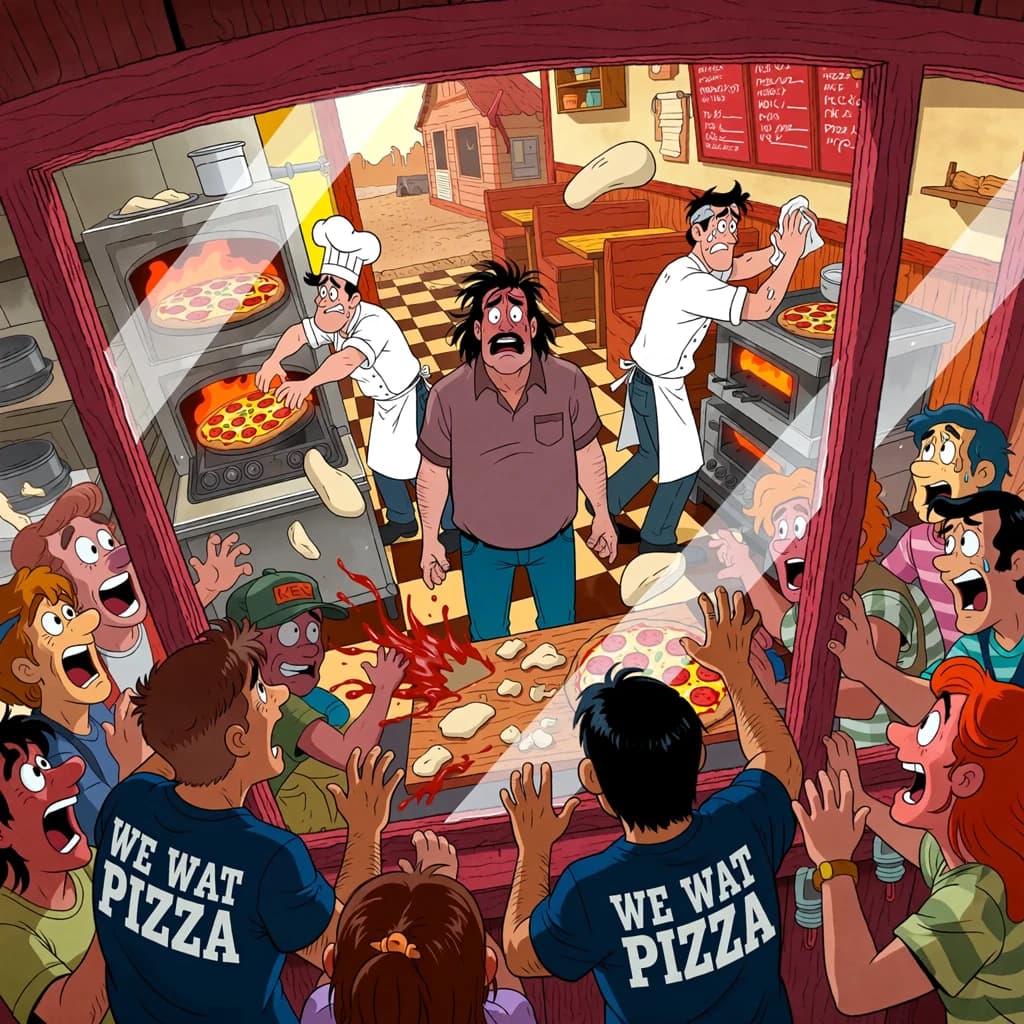 Pasquale is pulling his few remaining hairs out over a disaster at the pizzeria - the cooks are working as fast as they can but the crowds outside are swelling and they demand hot hot pizza! They are banging on the glass and some are wearing "we want pizza" shirts. 1980s western TV animation style.