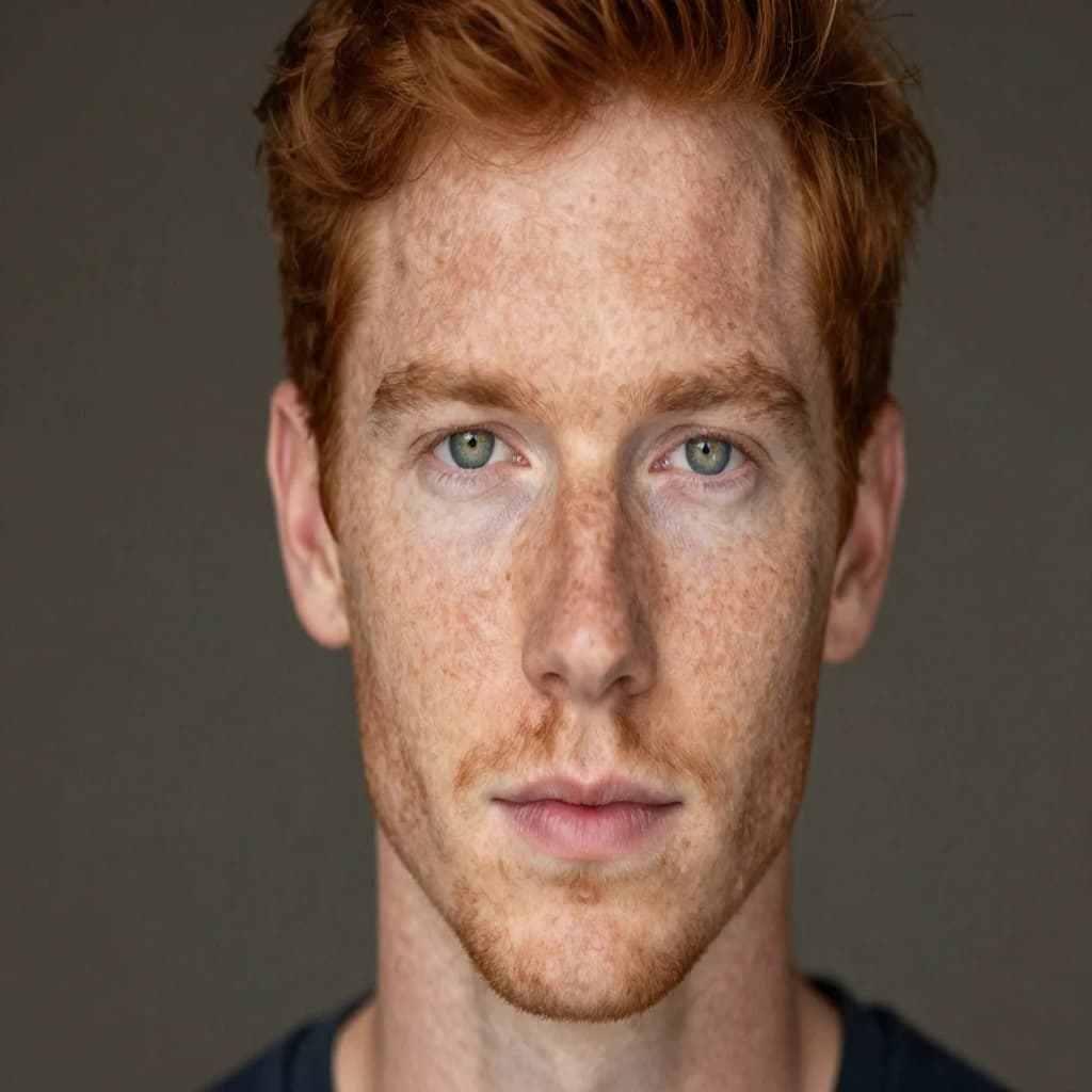 Shoot a natural light headshot of a red-haired man with freckles, green eyes.