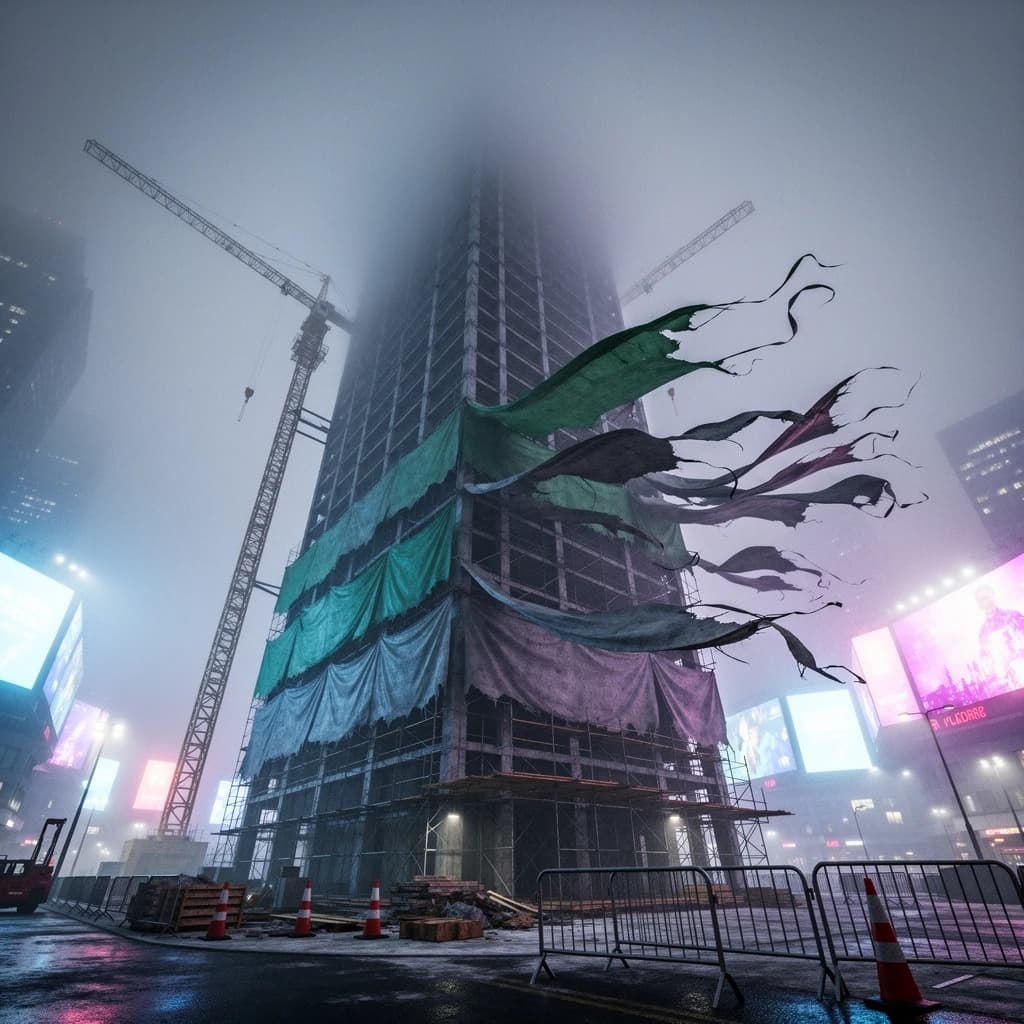 A construction site stretched upward into fog, cranes frozen in silhouette. Wind rattled scaffolding draped with torn mesh that glowed faintly from nearby billboards