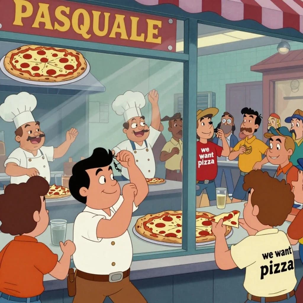 Pasquale is pulling his few remaining hairs out over a disaster at the pizzeria - the cooks are working as fast as they can but the crowds outside are swelling and they demand hot hot pizza! They are banging on the glass and some are wearing "we want pizza" shirts. 1980s western TV animation style.