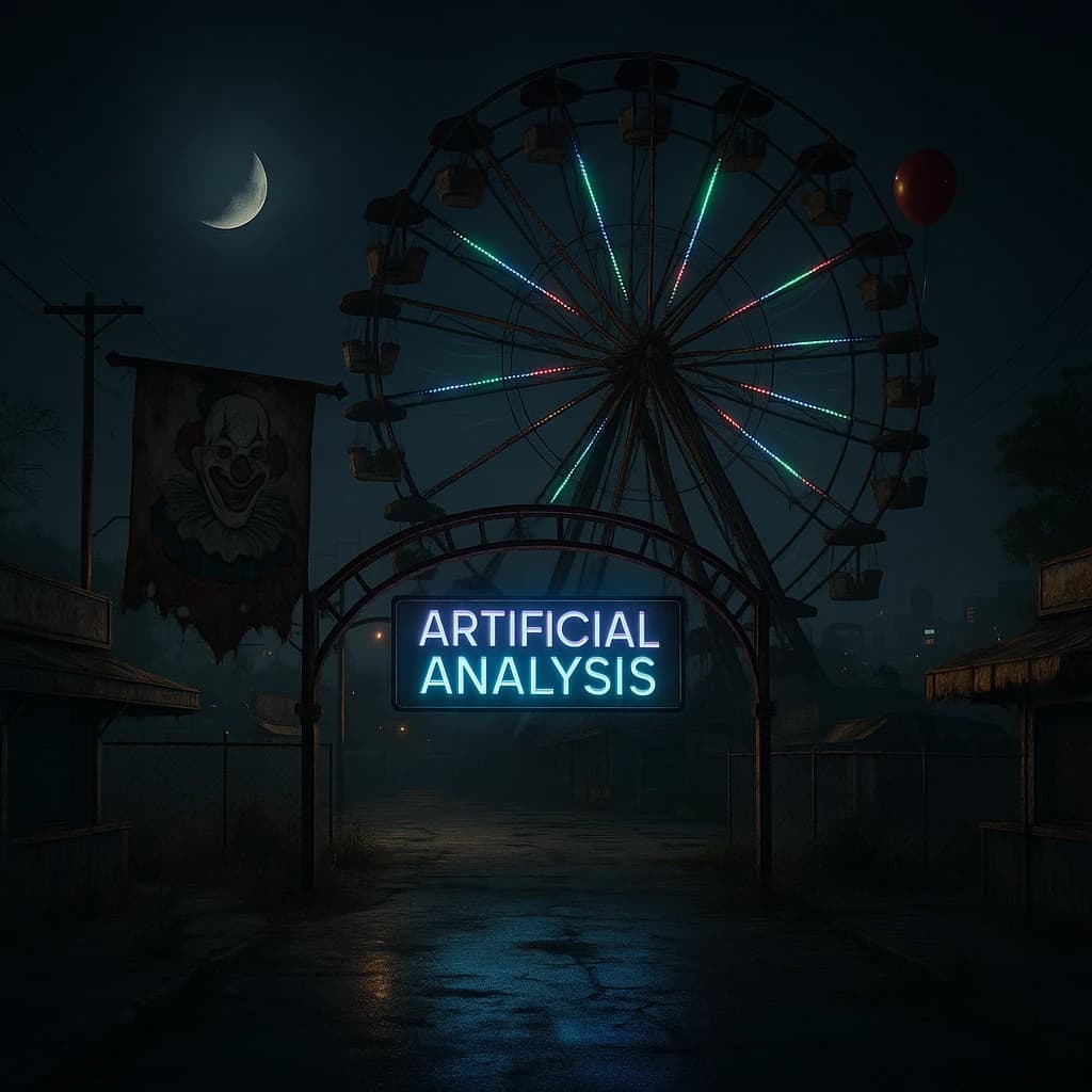 A deserted amusement park glows faintly under a half-moon. The ferris wheel is rusting yet strung with fresh, blinking LED lights. A torn clown banner flaps in a windless air. A lone balloon floats upward, tethered to nothing, while in the far distance city lights flicker on - some neon, some gas lamps as though from another century. 'Artificial Analysis' glows in neon