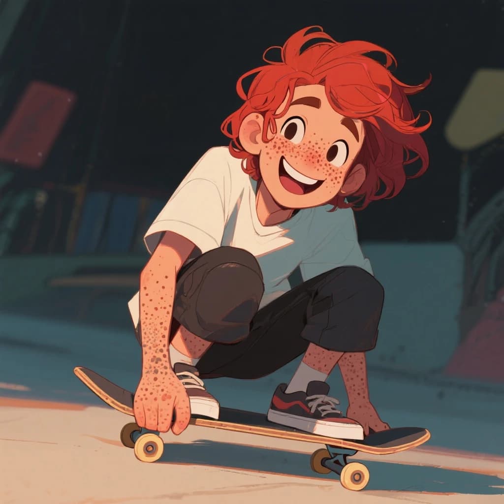 A cel-shaded portrait of a freckled skateboarder, messy red hair, bright grin.