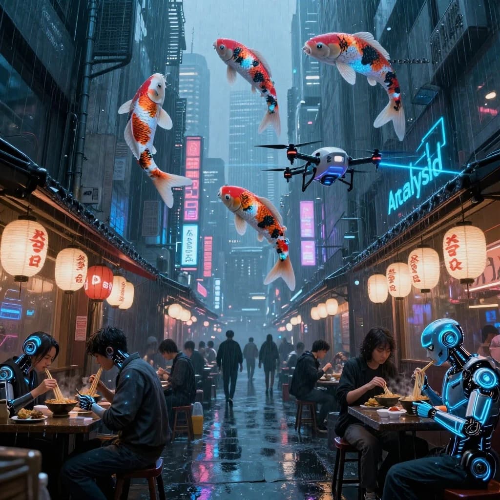 A neon alley in Neo-Tokyo 2142 drips with rain Cybernetic patrons slurp ramen at a stall with their glowing implants humming with blue light. Three giant holographic koi hover 10 metres above the ground and swim across the skyline, one has clipped into a building. A six-prop drone hovers nearby, projecting "Artificial Analysis" onto a wall with blue laser beams visible