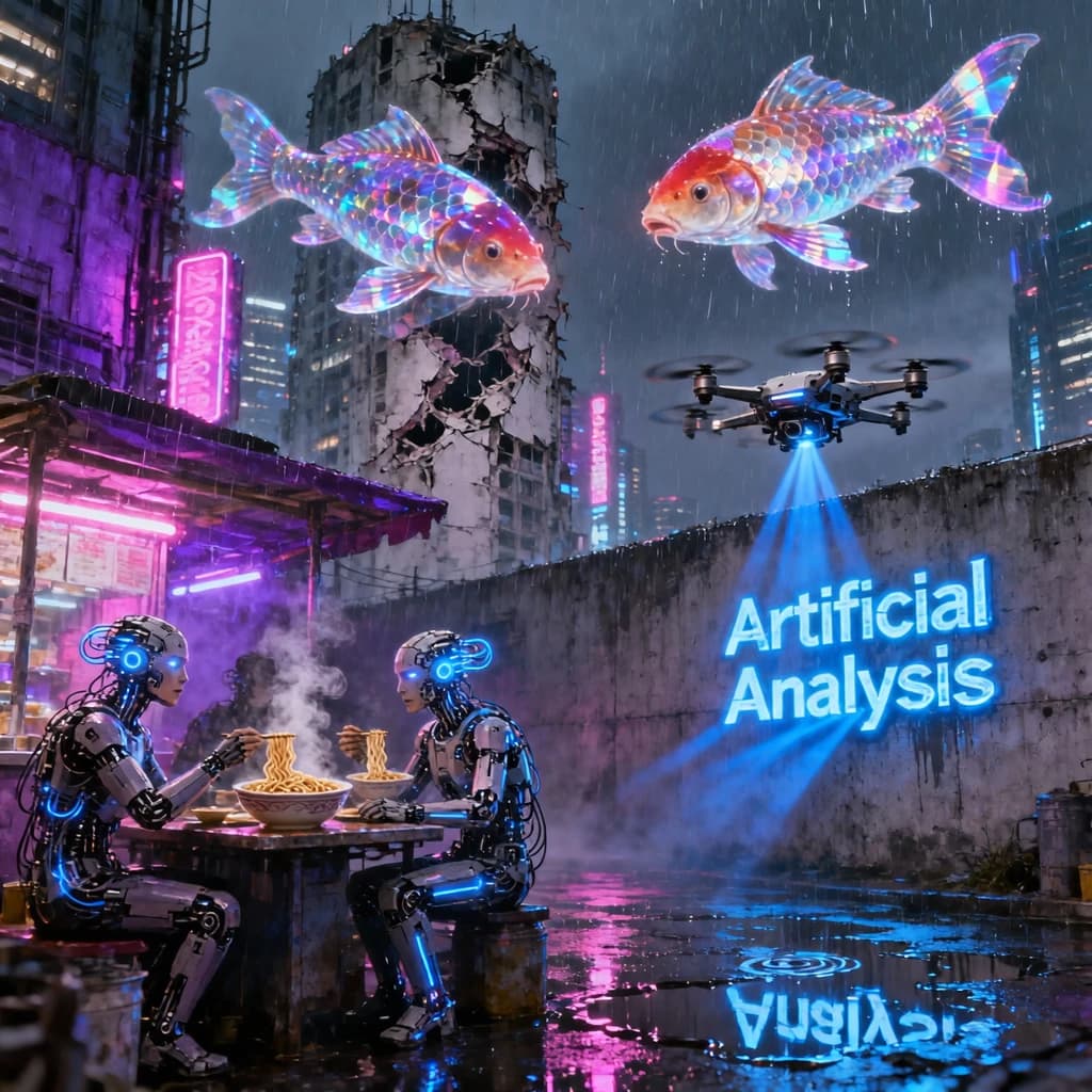 A neon alley in Neo-Tokyo 2142 drips with rain Cybernetic patrons slurp ramen at a stall with their glowing implants humming with blue light. Three giant holographic koi hover 10 metres above the ground and swim across the skyline, one has clipped into a building. A six-prop drone hovers nearby, projecting "Artificial Analysis" onto a wall with blue laser beams visible