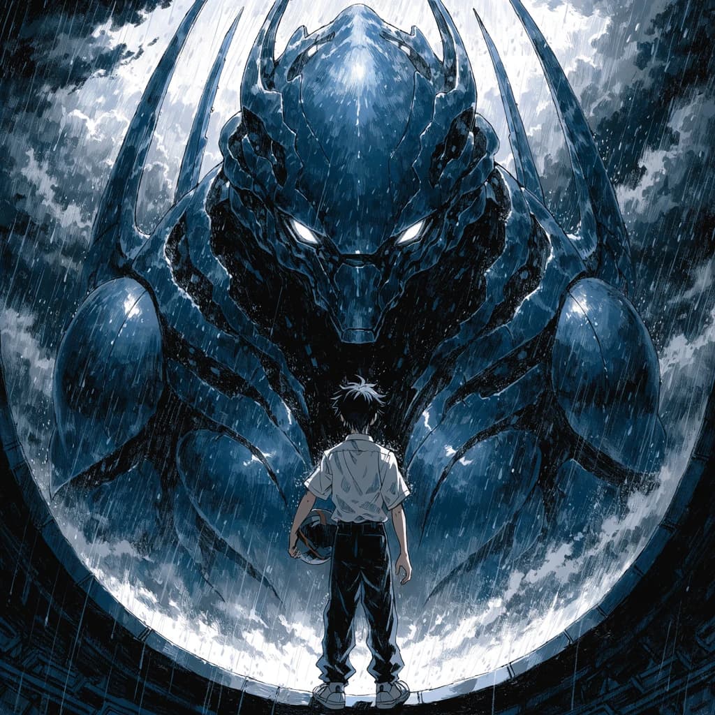 A teenage pilot grips his helmet under one arm, standing at the edge of a glowing hangar bay. Before him looms a sleek, steel-blue mech, its eyes lit with a cold electric glare. His school uniform is rumpled, a sharp contrast to the machine’s flawless plating. The vast scale engulfs him in shadow, emphasizing both awe and dread. Hand-drawn anime style.
