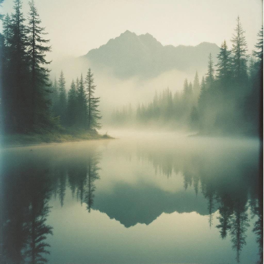 Give me a faded postcard of a misty pine lake at dawn, light leaks, film grain.