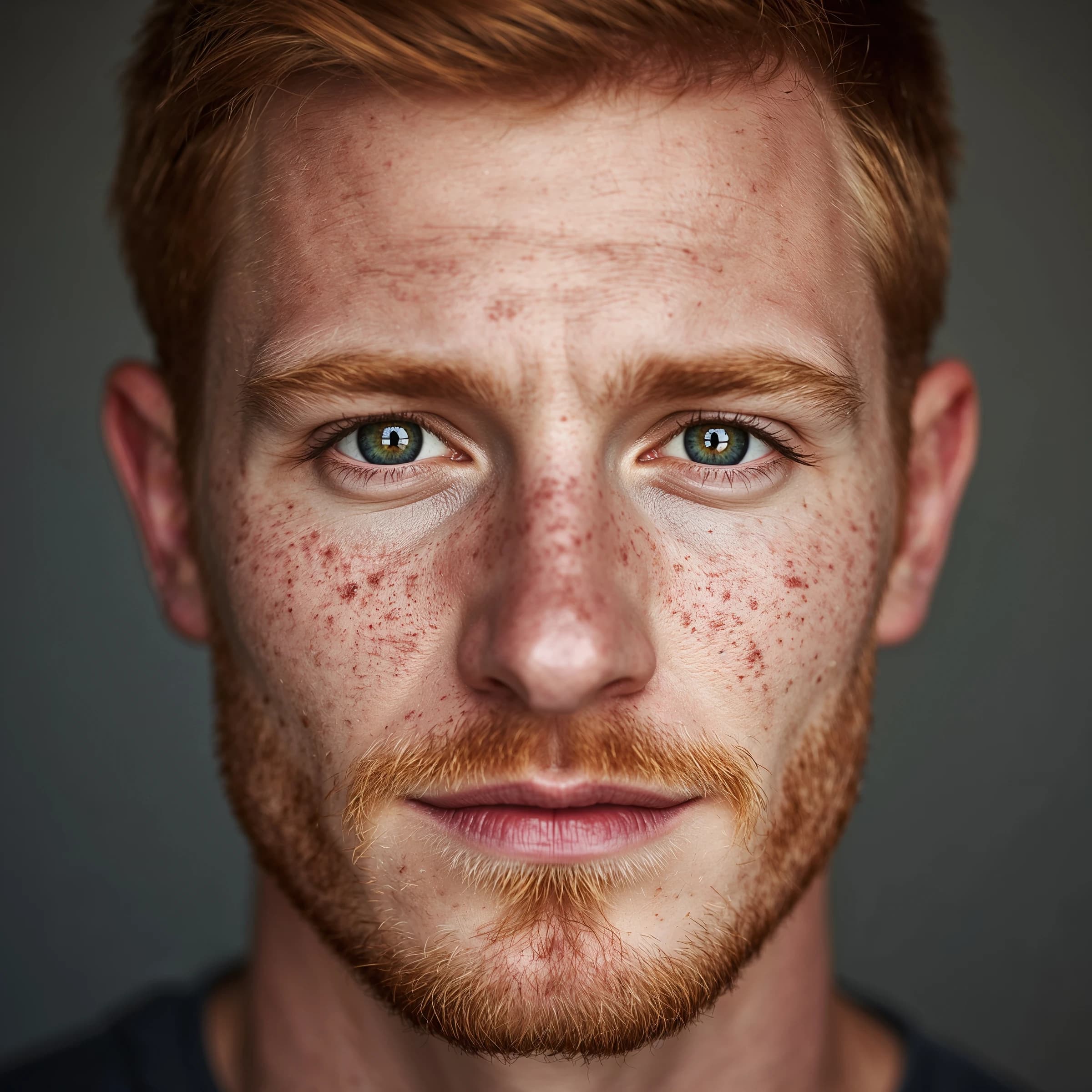 Shoot a natural light headshot of a red-haired man with freckles, green eyes.