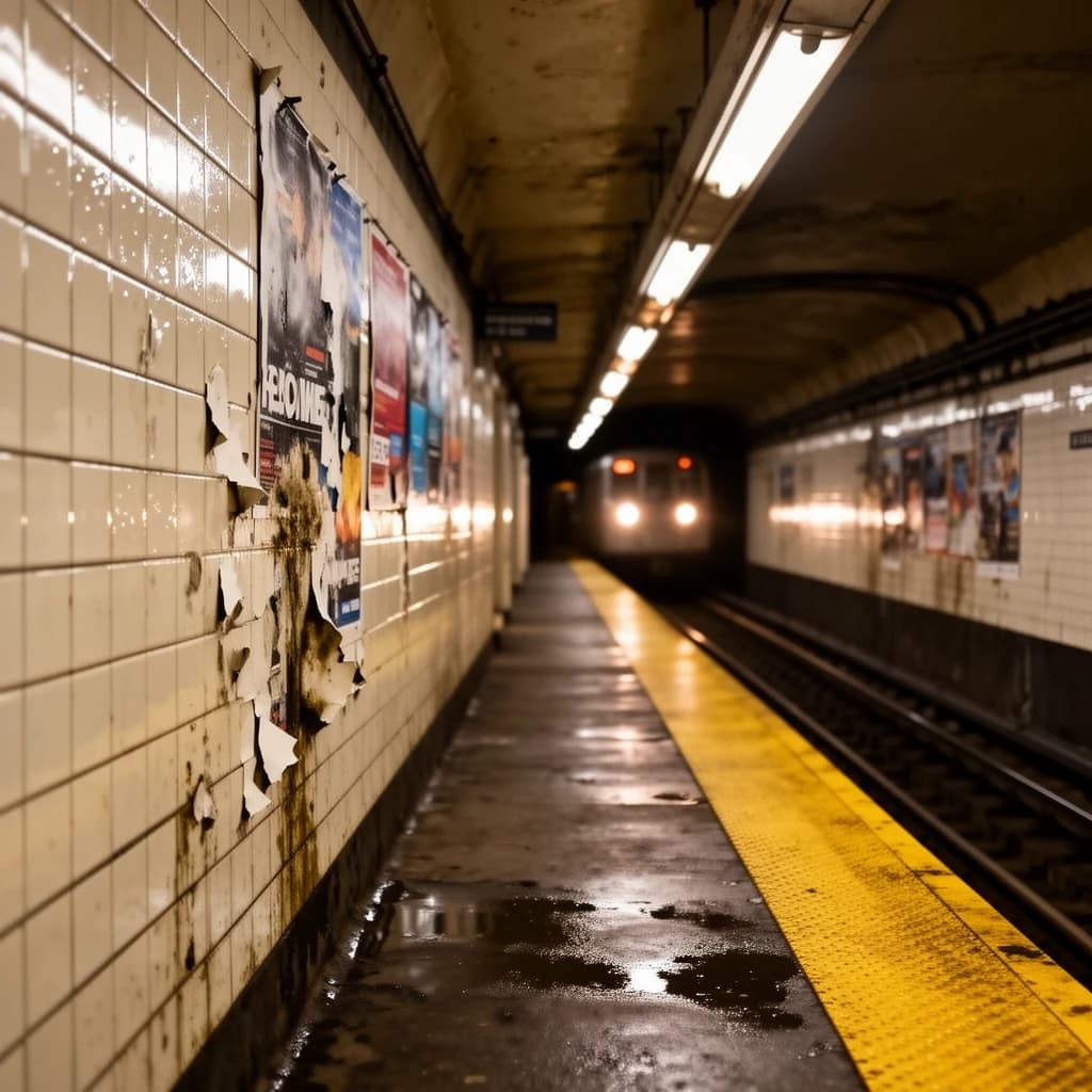 A subterranean subway platform with glossy tiles, peeling posters, flickering fluorescent lights, yellow safety line, and a distant train coming; slightly damp, echoes carry.