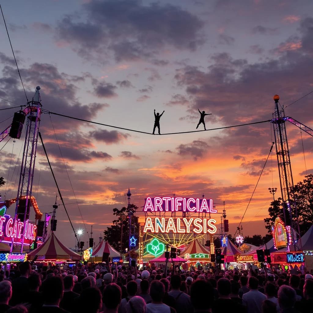 At dusk, high above a carnival crowd, three tightrope walkers balance on a single rope with no aids, one is off balance and grabbing at air. Below, the audience looks upward with baited anticipation. Artificial Analysis is spelled out in the background in carnival lights