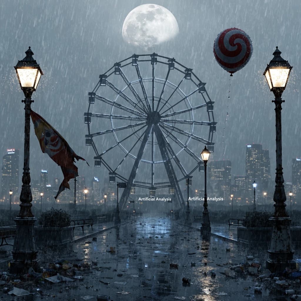 A deserted amusement park glows faintly under a half-moon. The ferris wheel is rusting yet strung with fresh, blinking LED lights. A torn clown banner flaps in a windless air. A lone balloon floats upward, tethered to nothing, while in the far distance city lights flicker on - some neon, some gas lamps as though from another century. 'Artificial Analysis' glows in neon