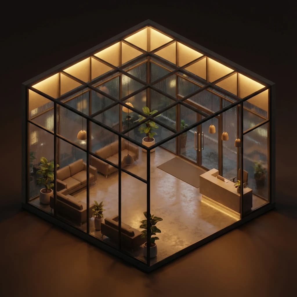 Isometric 3D lobby, glass walls, warm lights, slightly moody, soft shadows.