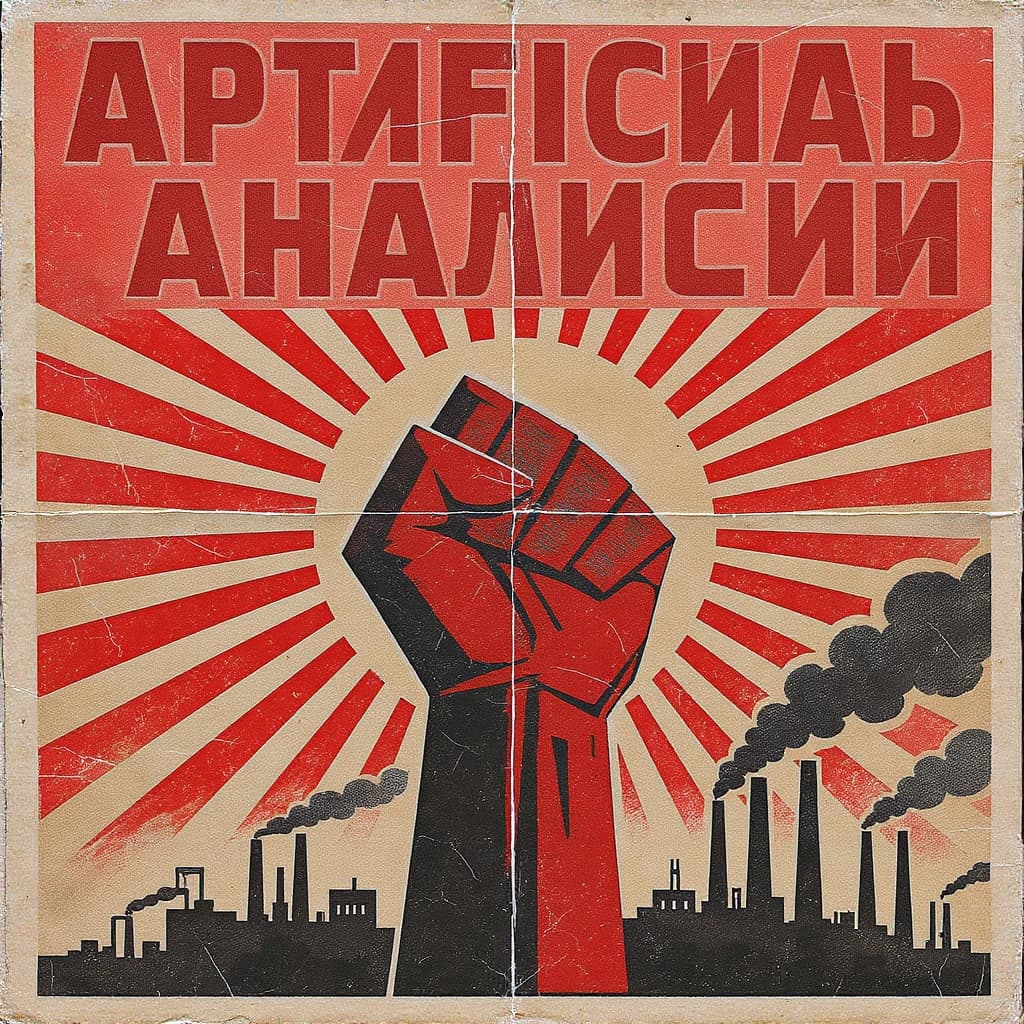 A propaganda poster in stark red, black, and beige. A clenched fist rises in the foreground, rendered with sharp geometric blocks. Behind it, radiating lines stretch upward toward a stylized sun. At the top, bold sans-serif lettering in Cyrillic-inspired type spells out Artificial Analysis, tilted at an angle for emphasis. A factory skyline silhouettes the bottom edge, smoke stacks rising into the background. The texture is rough, printed on aged paper with visible creases and ink bleed. Designed in the constructivist Soviet poster style.