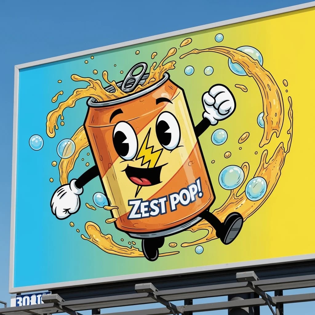 Design a bright soda billboard ad with a bubbly can mascot, thick inky lines.