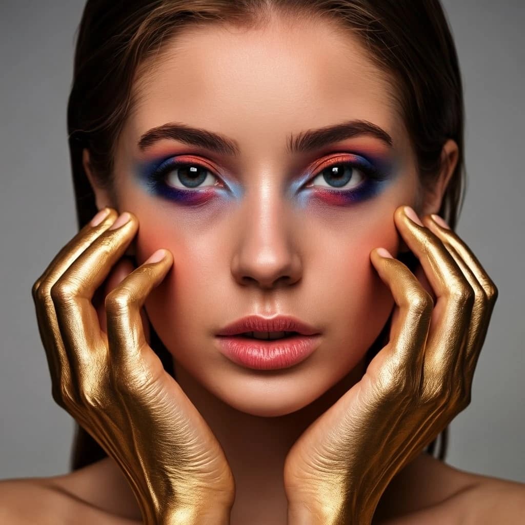 A striking close-up portrait of a woman with cracked metallic copper-painted hands framing her face. Her vivid blue and red eye makeup contrasts sharply with the smooth, pale skin and muted background, creating a bold, surreal composition. She displays an air of uncertainty about her