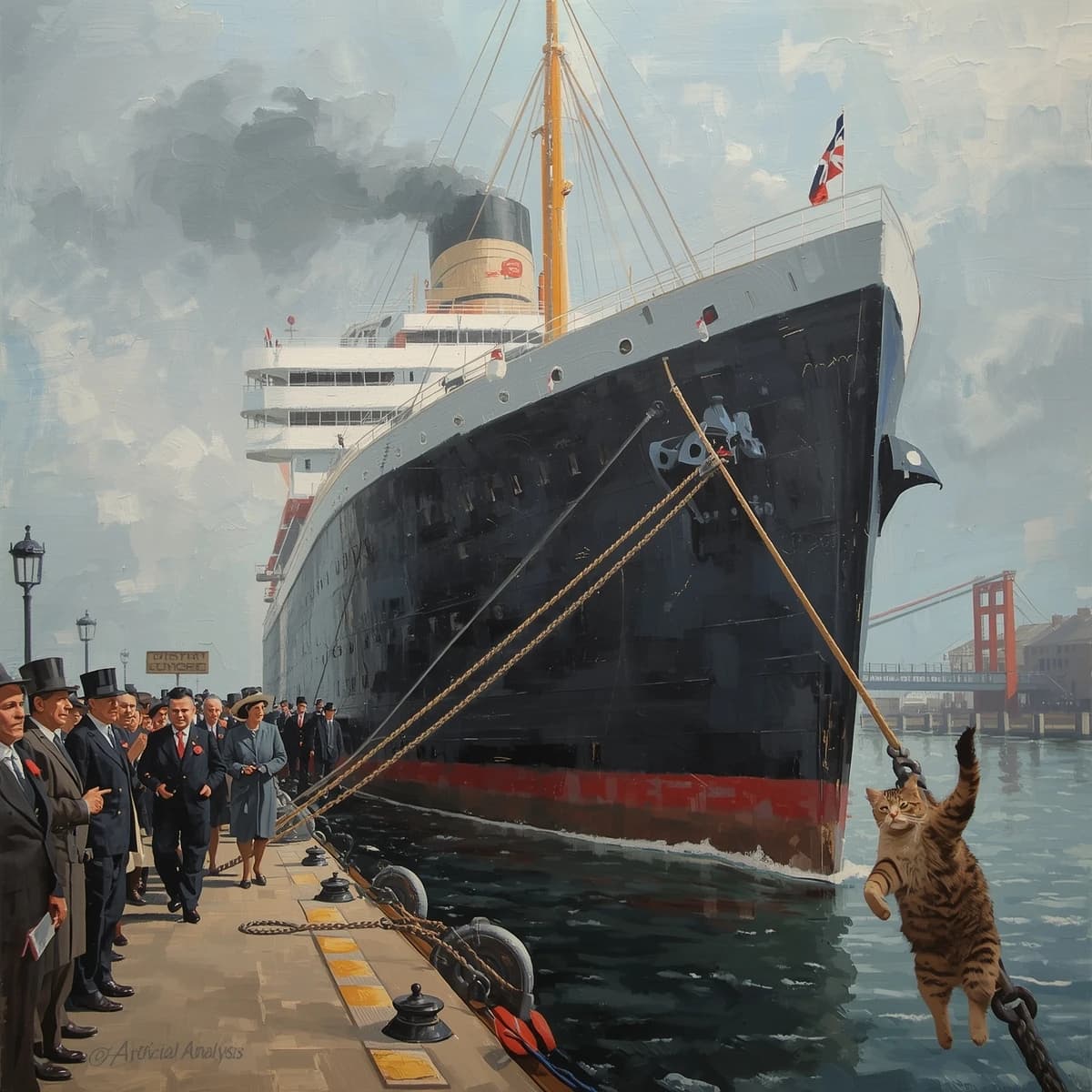 An impressionistic painting of the mighty steamer the "SS Unsinkable We Really Mean It This Time" on a cloudy but bright London morning about to set out on her maiden voyage. A jubilant crowd is gathered on the dock around the paunchy mayor who is making a speech, gesticulating wildly with his hands. The gangways are busy with well heeled ladies and gentlemen making their way onto the ship. A cheeky cat hangs over the water, clinging to the mooring rope after an ill-fated attempt to climb up. The artist has signed his name "Artificial Analysis" in the bottom corner