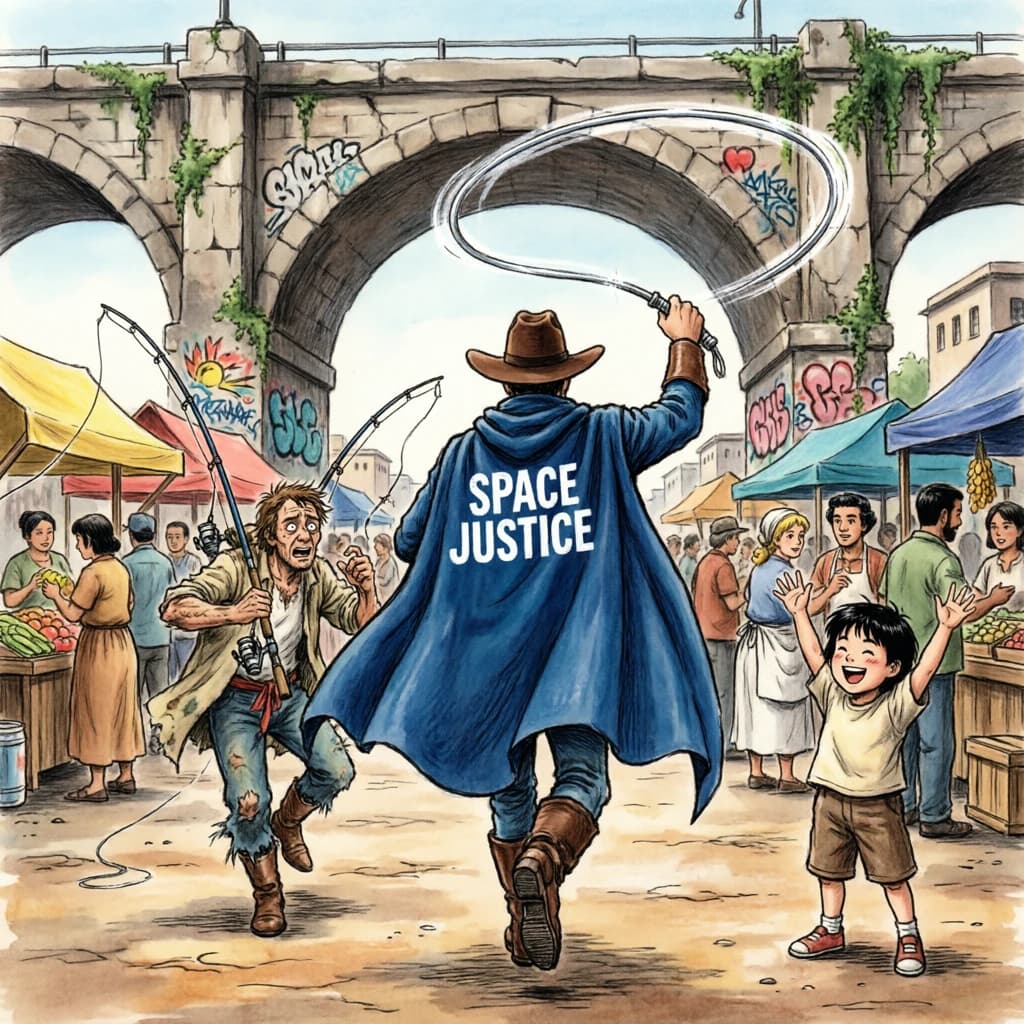 The space cowboy chases the deranged fisherman underneath the causeway, eager to collect on his bounty. Fishing rods and lines hang off the back off the fishermen as he darts between the bustling market crowd. We see the back of the space cowboy in his space poncho emblazoned with the words SPACE JUSTICE, spinning his lasso over his head. A child on the sidelines excitedly cheers the cowboy. 1990s hand drawn anime style with strong fluidity