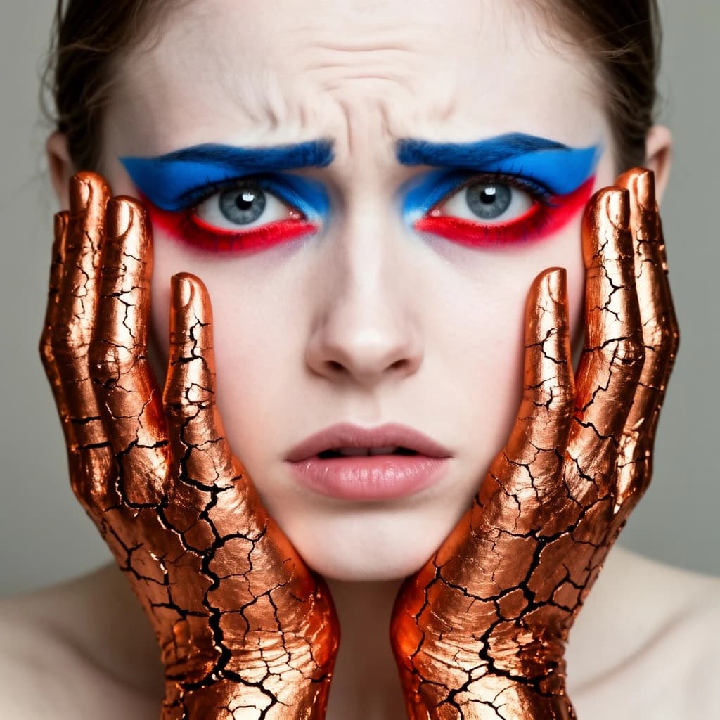 A striking close-up portrait of a woman with cracked metallic copper-painted hands framing her face. Her vivid blue and red eye makeup contrasts sharply with the smooth, pale skin and muted background, creating a bold, surreal composition. She displays an air of uncertainty about her