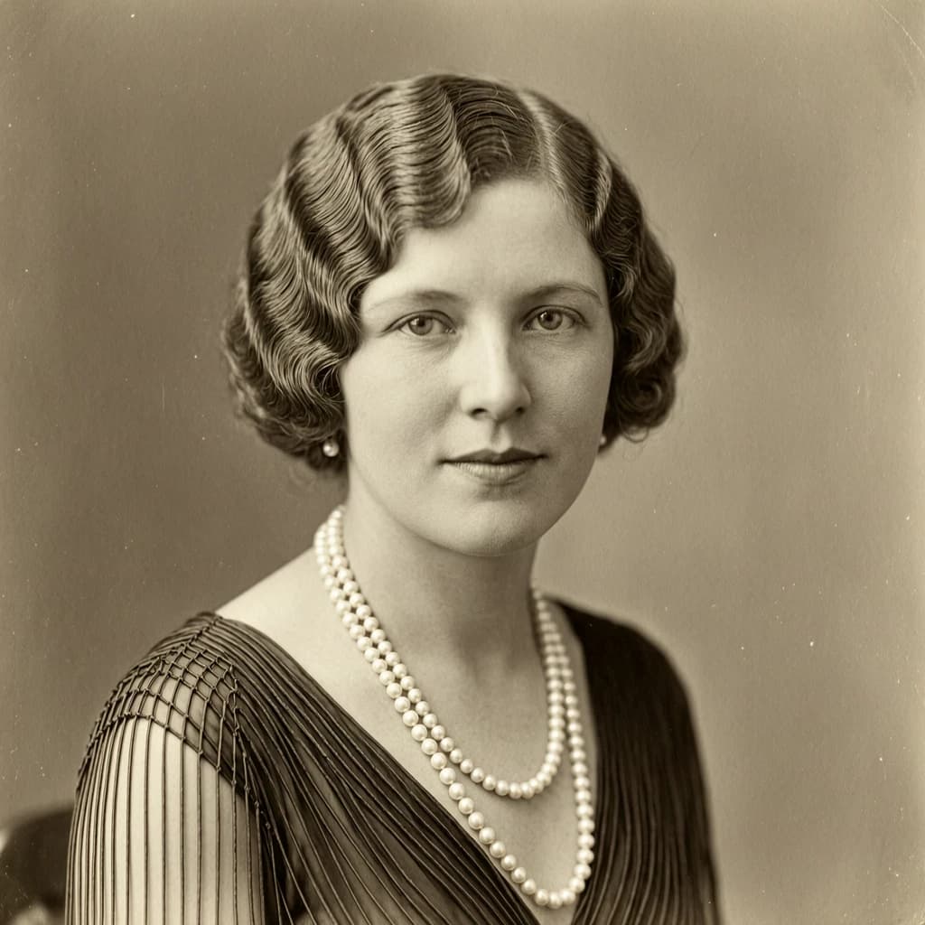 Sepia-toned studio portrait of a flapper with pearl necklace, soft grain.