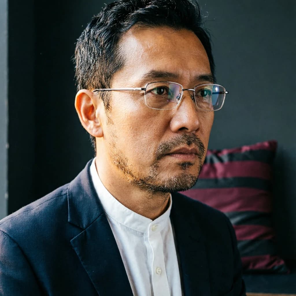 A sharply lit portrait of a middle-aged man wearing thin-rimmed glasses and a dark jacket over a white collared shirt. He gazes intently to the side, his face half illuminated by warm light while the background recedes into deep shadow. The expression is thoughtful, almost wary, as if caught mid-conversation. Behind him, a striped cushion in muted reds and blacks adds subtle texture, contrasting with the crisp highlights on his forehead and glasses. The overall mood is contemplative and cinematic, balancing warmth with tension.