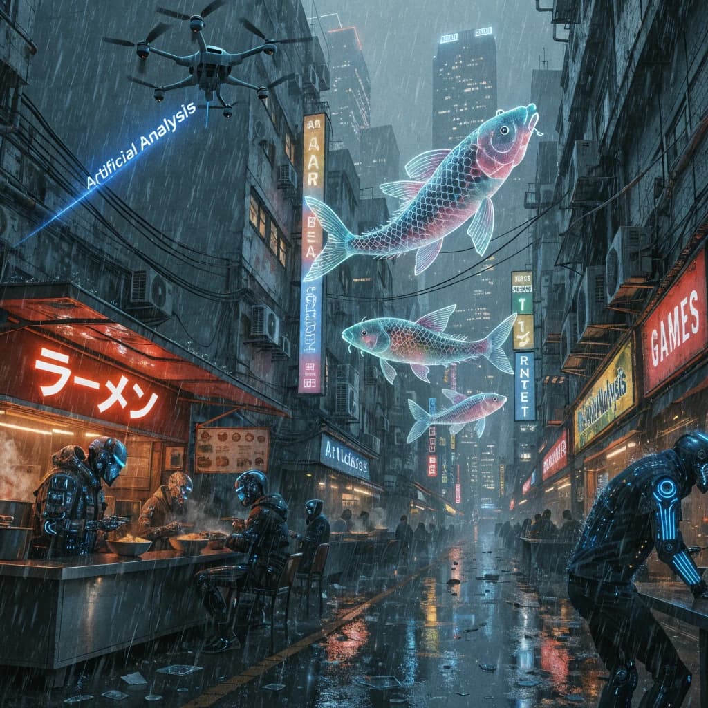 A neon alley in Neo-Tokyo 2142 drips with rain Cybernetic patrons slurp ramen at a stall with their glowing implants humming with blue light. Three giant holographic koi hover 10 metres above the ground and swim across the skyline, one has clipped into a building. A six-prop drone hovers nearby, projecting "Artificial Analysis" onto a wall with blue laser beams visible