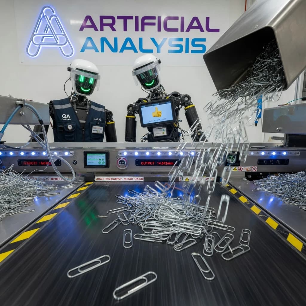 Close up point of view perspective on a conveyor belt pumping out paperclips at a maddening pace. The high tech factory has Artificial Analysis printed proudly on the wall. Robot staff look approvingly over the robust output.