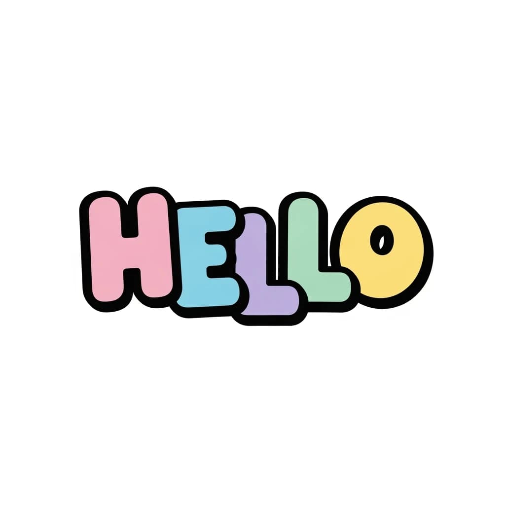 Make a bold bubble-letter poster that says HELLO, pastel palette, thick outline.