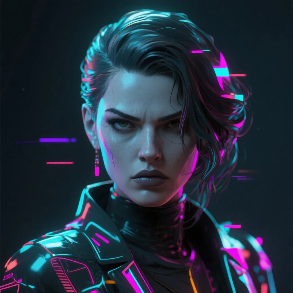 Render a stark 3D portrait of a stern woman, neon accents and vector overlays.
