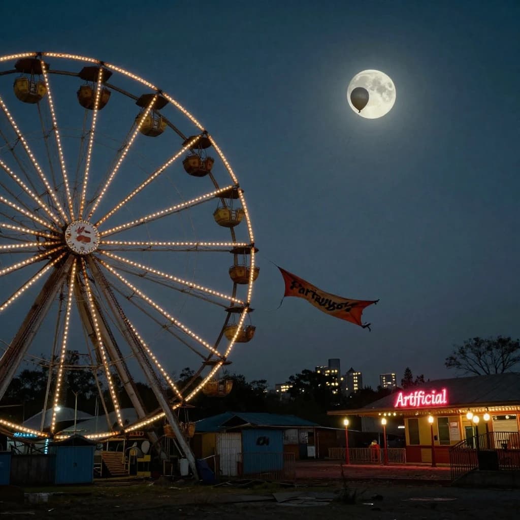 A deserted amusement park glows faintly under a half-moon. The ferris wheel is rusting yet strung with fresh, blinking LED lights. A torn clown banner flaps in a windless air. A lone balloon floats upward, tethered to nothing, while in the far distance city lights flicker on - some neon, some gas lamps as though from another century. 'Artificial Analysis' glows in neon