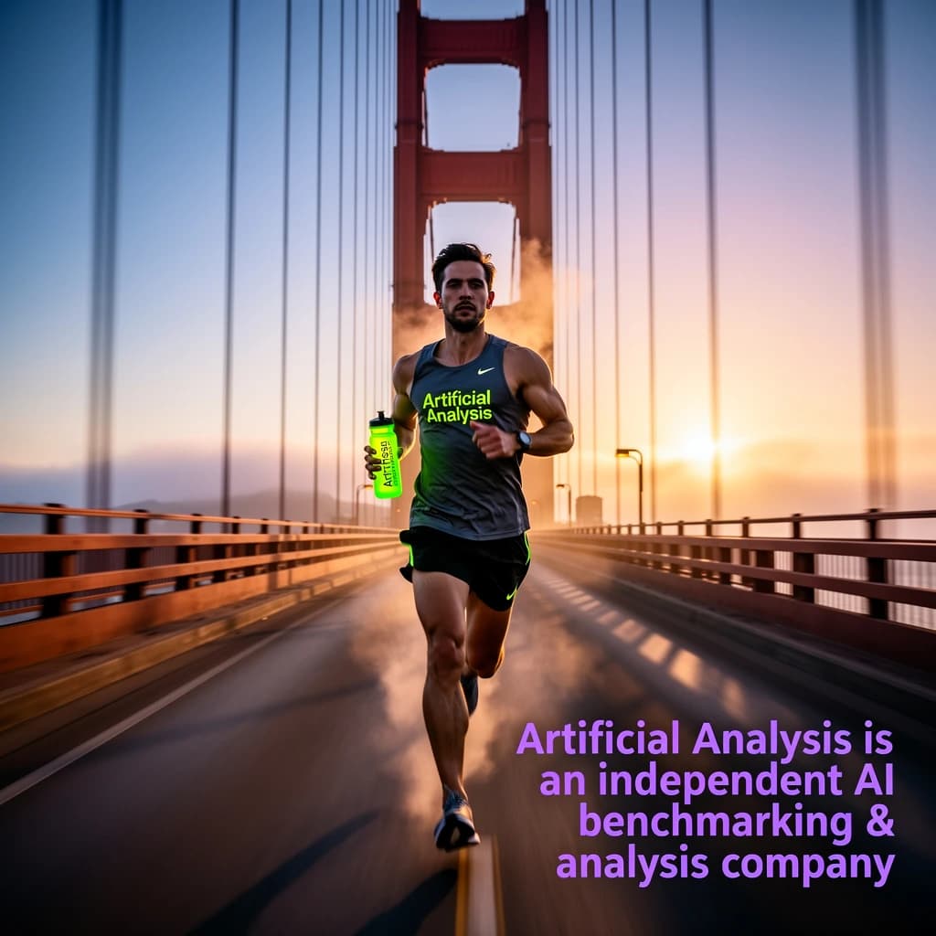 A runner dashes across the Golden Gate Bridge at dawn, sunlight streaming between cables. In their hand, they carry a neon-green sports drink with the brand name Artificial Analysis splashed boldly across the bottle. Motion blur emphasizes speed, while crisp purple sans serif typography overlays the bottom right of the scene with the tagline: Artificial Analysis is an independent AI benchmarking & analysis company