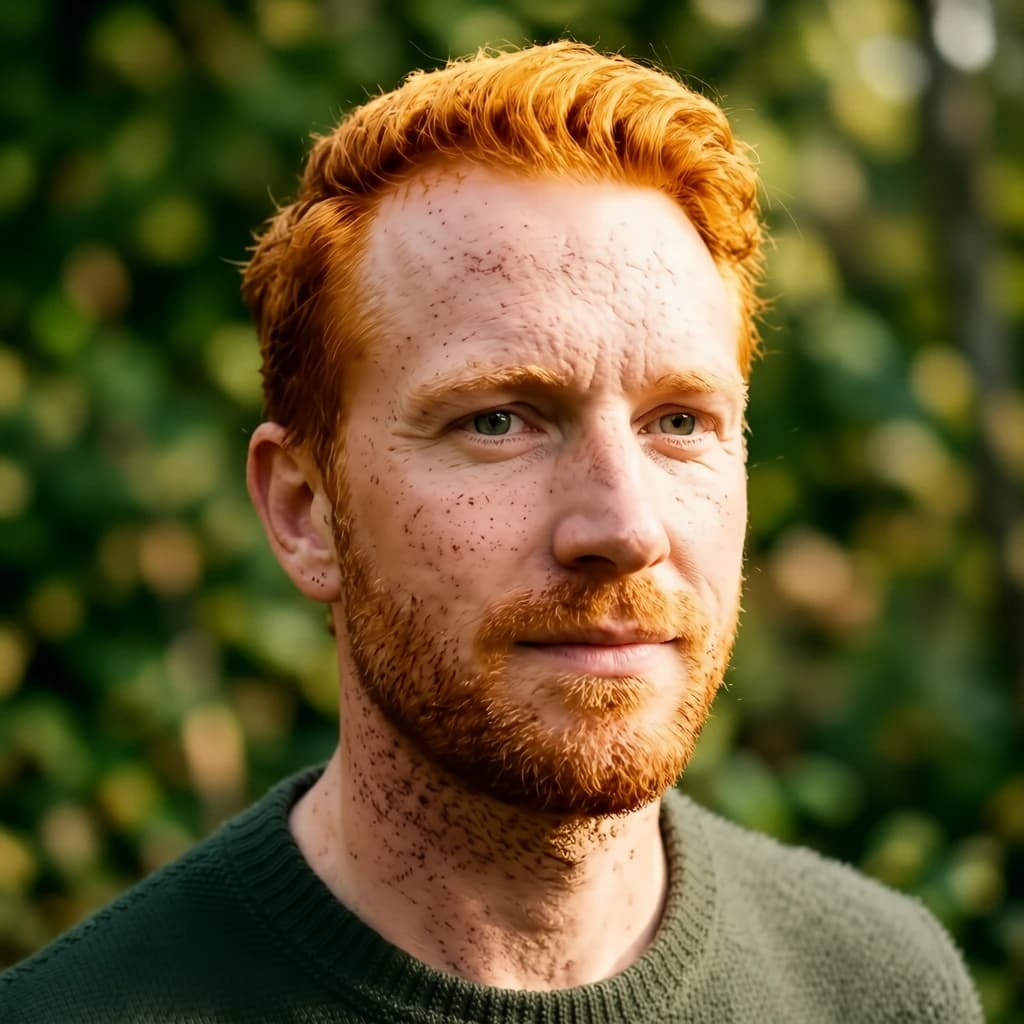 Shoot a natural light headshot of a red-haired man with freckles, green eyes.