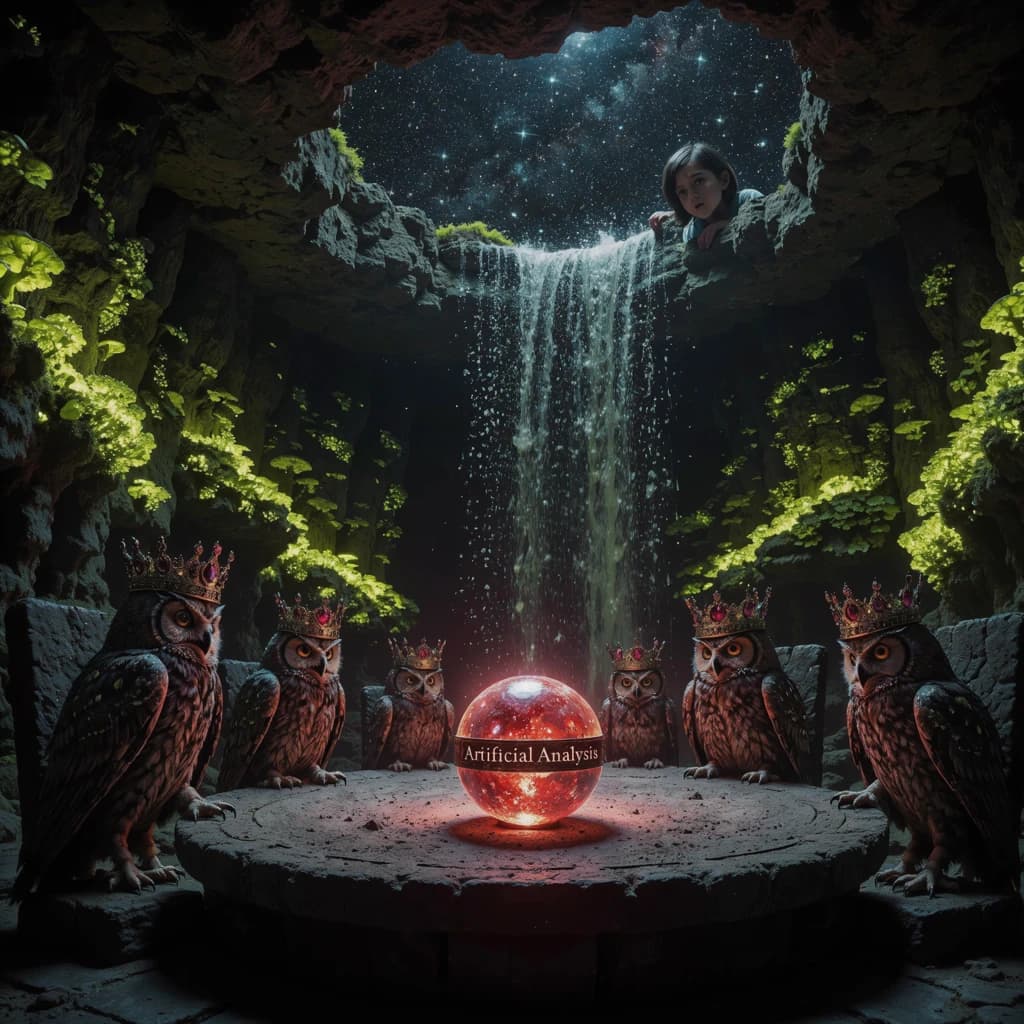 In a cavern lined with bioluminescent fungi glowing lime green, the council of owls wear jeweled crowns that glimmer with rubies, their wings folded behind their backs. Dust coats the stone table, a glowing orb inscribed with “Artificial Analysis” hovers above the table illuminating the owls with its red pulsating light. Behind them, a waterfall falls upward into a ceiling that opens onto stars - a child looks down in wonder from above at what he has stumbled across.