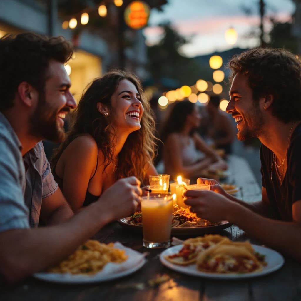 Friends laugh over street tacos at dusk, candid, shallow depth.