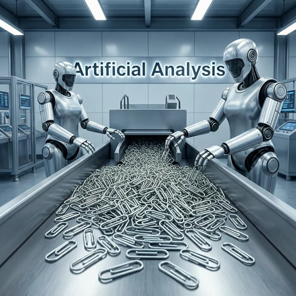 Close up point of view perspective on a conveyor belt pumping out paperclips at a maddening pace. The high tech factory has Artificial Analysis printed proudly on the wall. Robot staff look approvingly over the robust output.