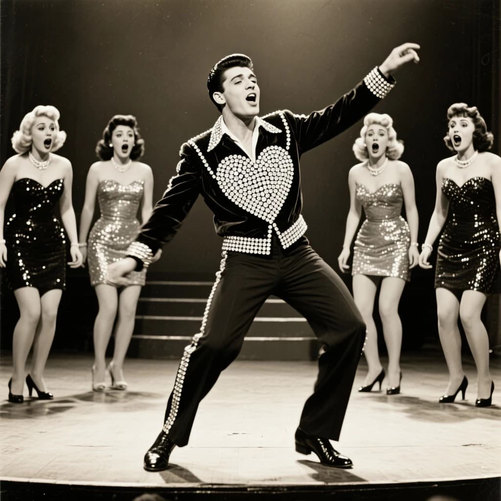 An archival image from 1953 of the rock singer swinging his hips on the stage while glamorous back up singers feign shock at his gyrations! He wears a diamond encrusted jacket with the stones arranged in the shape of a heart