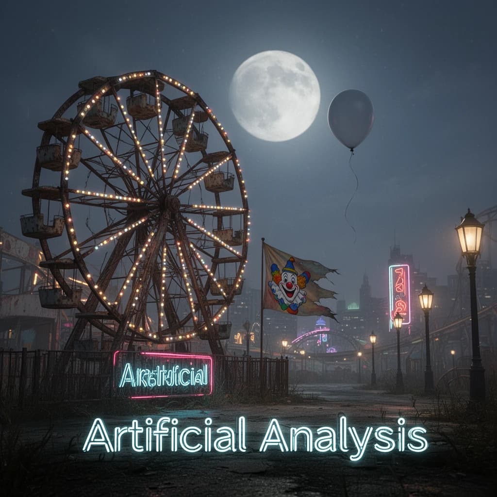 A deserted amusement park glows faintly under a half-moon. The ferris wheel is rusting yet strung with fresh, blinking LED lights. A torn clown banner flaps in a windless air. A lone balloon floats upward, tethered to nothing, while in the far distance city lights flicker on - some neon, some gas lamps as though from another century. 'Artificial Analysis' glows in neon