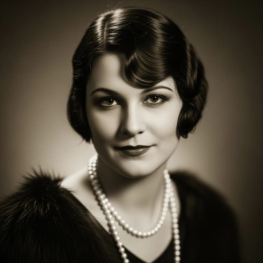 Sepia-toned studio portrait of a flapper with pearl necklace, soft grain.