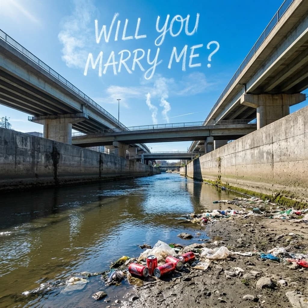 Red soda cans and other garbage sit strewn across the bank of an urban river only a few metres wide. Concrete overpasses criss cross overhead on a bright and sunny day. Fading skywriting proposes marriage