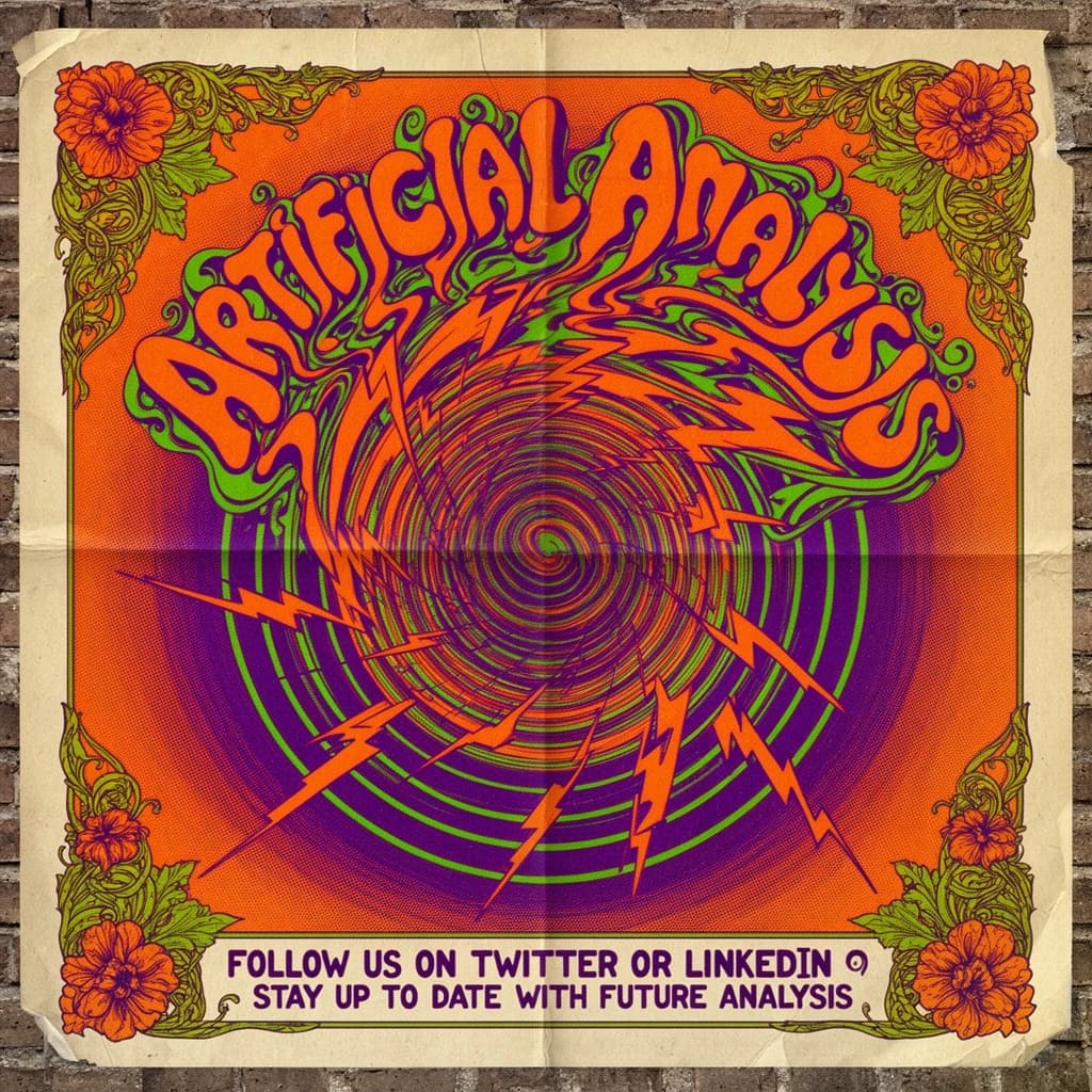 A portrait layout psychedelic concert poster from 1972 bathed in saturated oranges, deep purples, and acid greens. Swirling, hand-drawn typography arcs across the top, spelling out Artificial Analysis in bold, distorted letters that melt into spirals. Surrounded by radiating concentric circles and lightning-bolt motifs. The background is textured with halftone dots and faded paper creases, evoking a well-worn poster taped to a brick wall. Ornate floral borders frame the design, while the bottom features blocky retro lettering listing “Follow us on Twitter or LinkedIn to stay up to date with future analysis” in smaller text. 