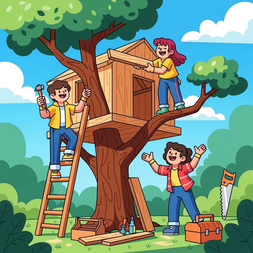 Kids build a backyard treehouse and laugh, bright flat colors, chunky outlines.