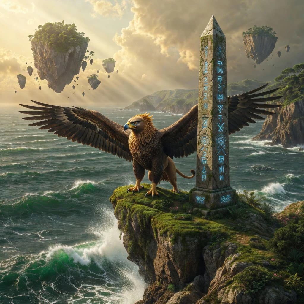 At dawn, a winged griffin lands on a mossy cliff above a jade sea beside a runed obelisk; floating isles drift under golden sunbeams, with a bit of sea spray and glowing runes.
