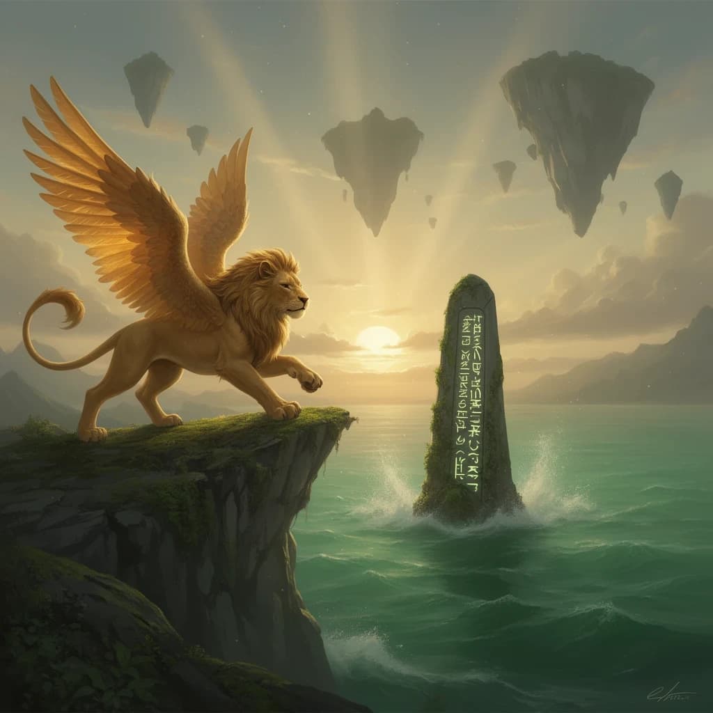At dawn, a winged griffin lands on a mossy cliff above a jade sea beside a runed obelisk; floating isles drift under golden sunbeams, with a bit of sea spray and glowing runes.