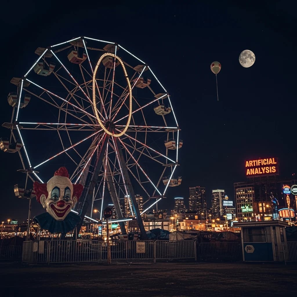 A deserted amusement park glows faintly under a half-moon. The ferris wheel is rusting yet strung with fresh, blinking LED lights. A torn clown banner flaps in a windless air. A lone balloon floats upward, tethered to nothing, while in the far distance city lights flicker on - some neon, some gas lamps as though from another century. 'Artificial Analysis' glows in neon